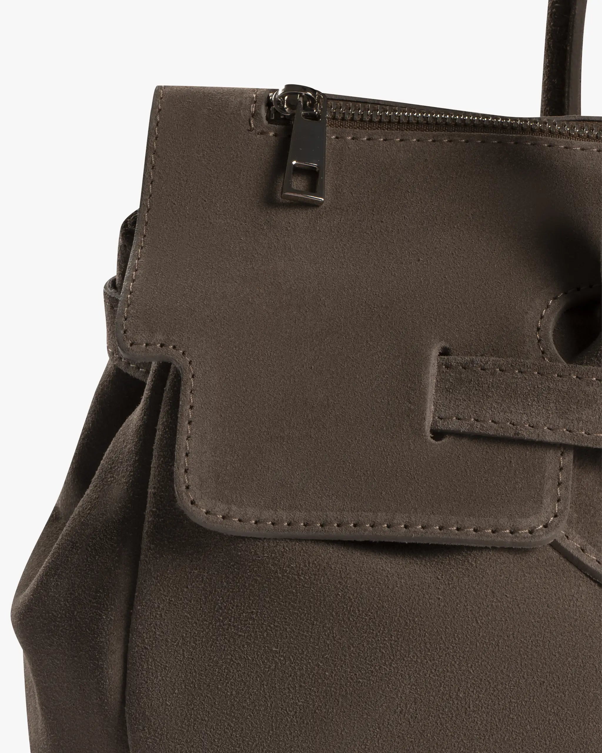 Taupefarbene Veloursledertasche mit Schmuckbesatz und Schulterriemen von Mia Bag
