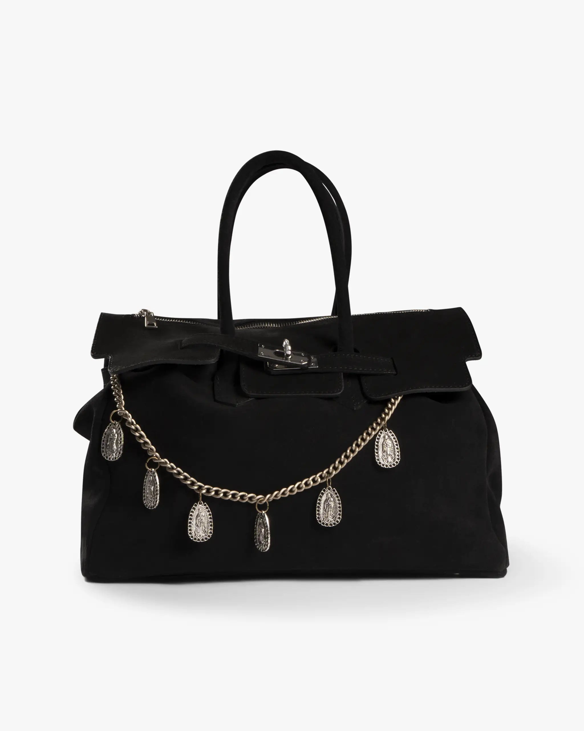 Schwarze Veloursledertasche mit Schmuckbesatz und Schulterriemen von Mia Bag