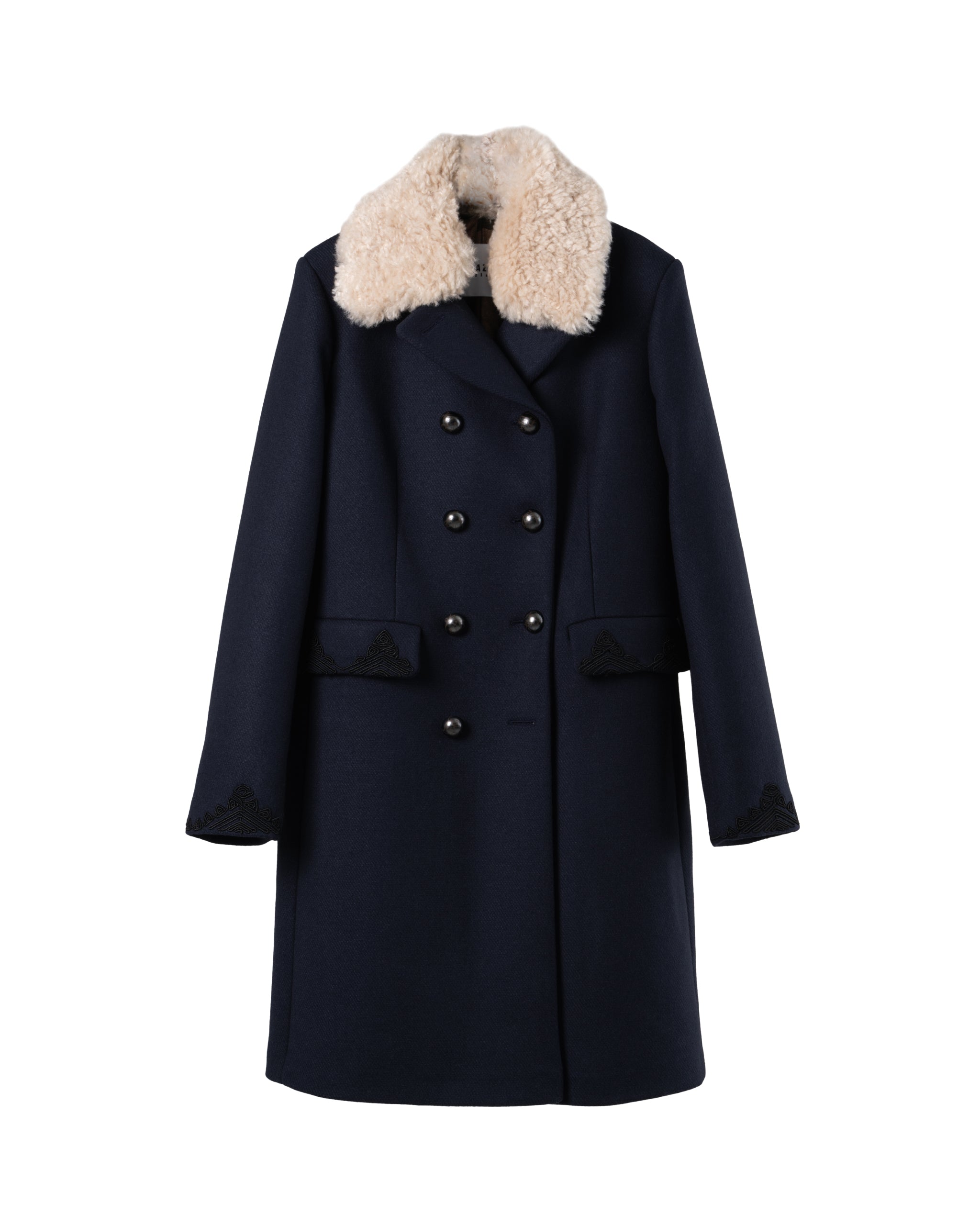 DOUBLE BREASTED WOOL FAKE FUR TRIM JACKET