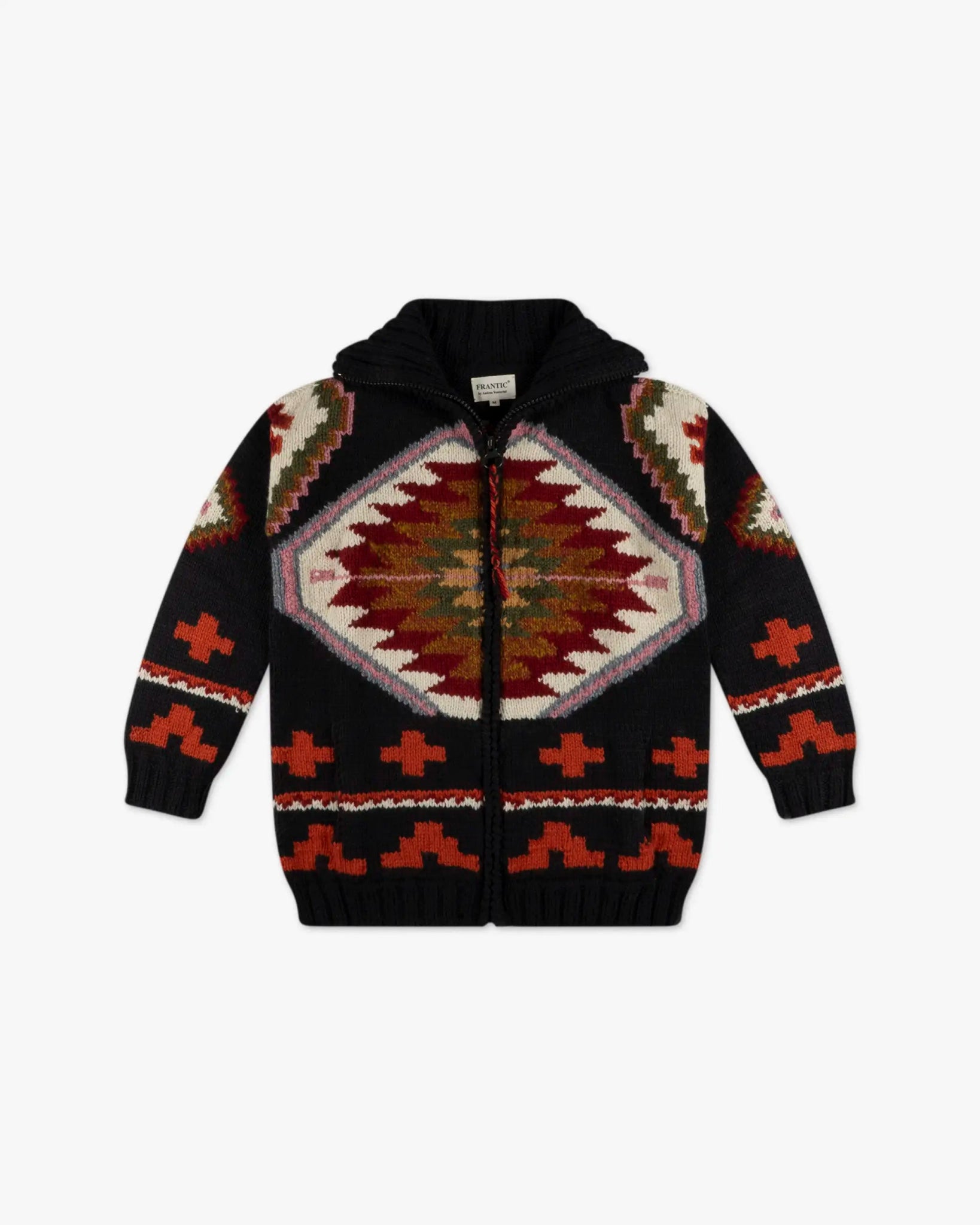 Anthrazitfarbene Ethno Intarsien Stehkragen Zip Strickjacke von Frantic by Andrea Venturini - Knitwear FRANTIC