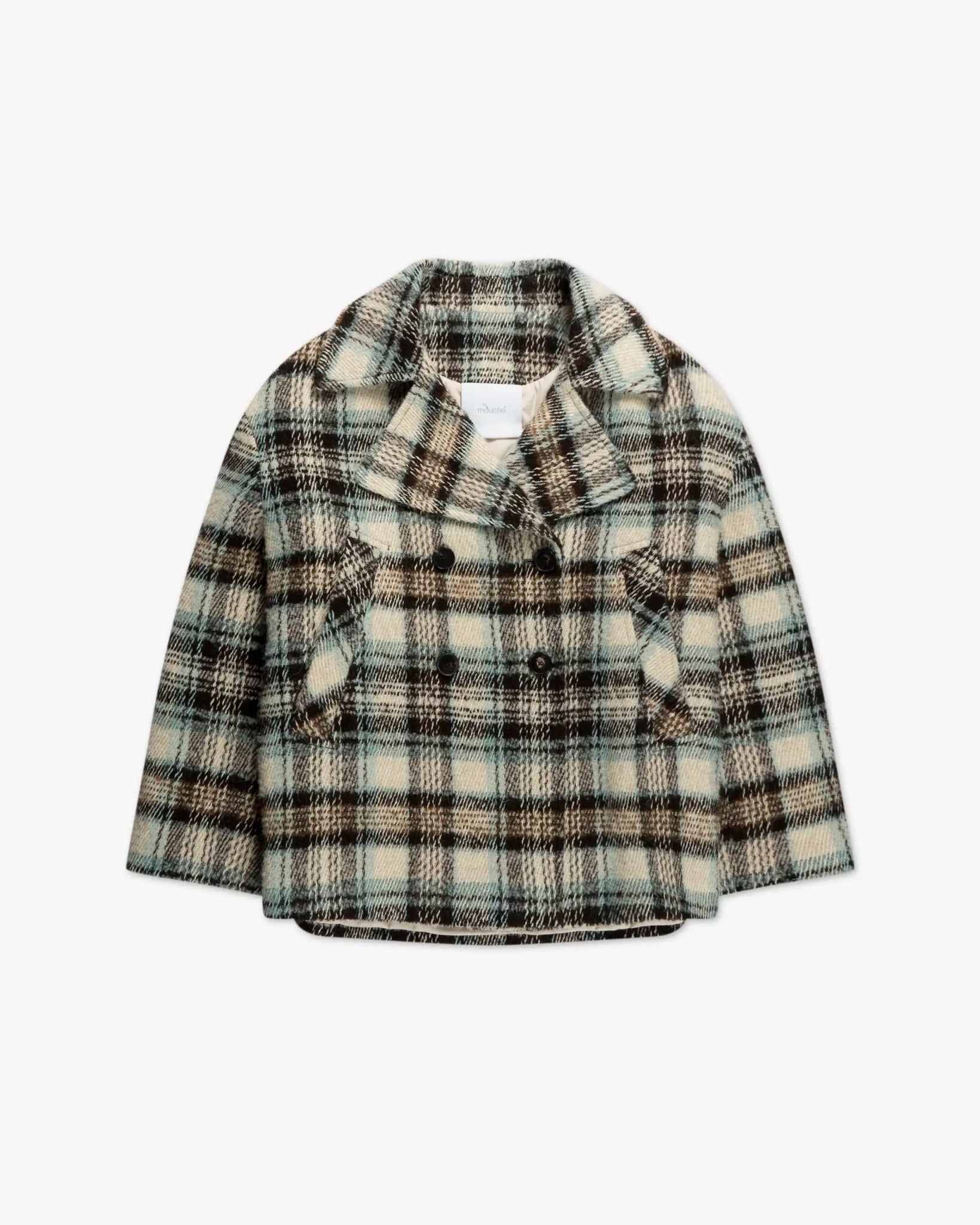Aqua Braunfarbener Zweireihiger Karo Kurzmantel von Mouche - Coats & Jackets MOUCHE