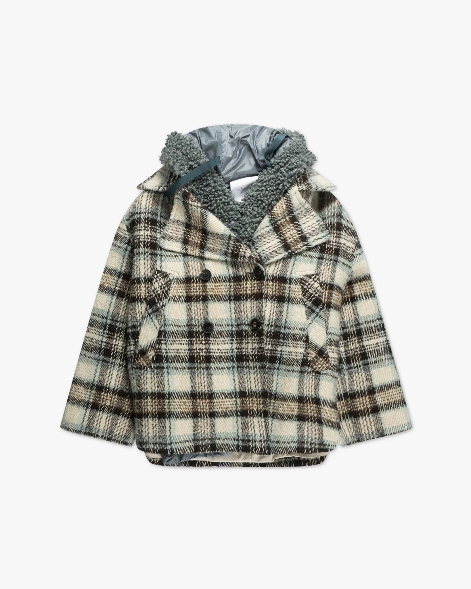 Aqua Braunfarbener Zweireihiger Karo Kurzmantel von Mouche - Coats & Jackets MOUCHE