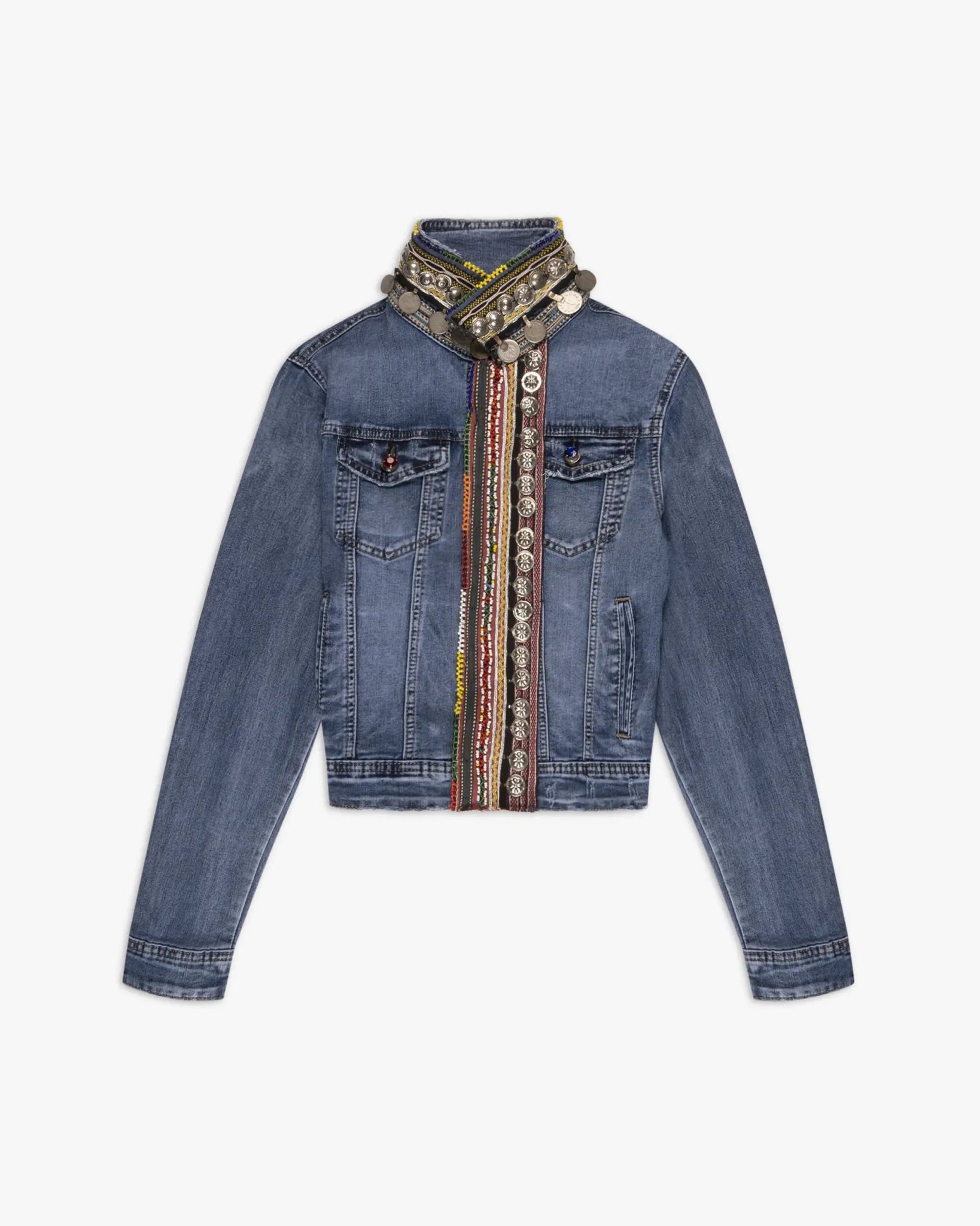 Blaue Denim Handgefertigte Verzierte Stretch - Denimjacke von Dassios - Denim DASSIOS