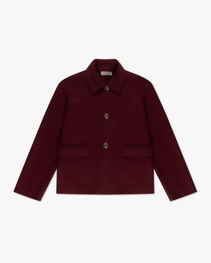 Bordeauxrote 2 Fädig Gewalkte Cashmere Kurzjacke Gold Trim von Lunaria