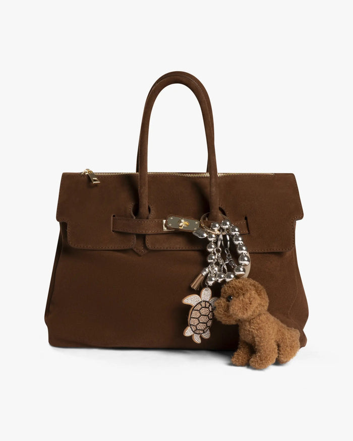 Chocolatefarbene Veloursledertasche mit Schmuckbesatz und Schulterriemen von Mia Bag