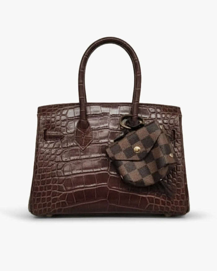 Cognacfarbene Tasche mit Kroko-Print und goldfarbenen Akzenten von Mia Bag