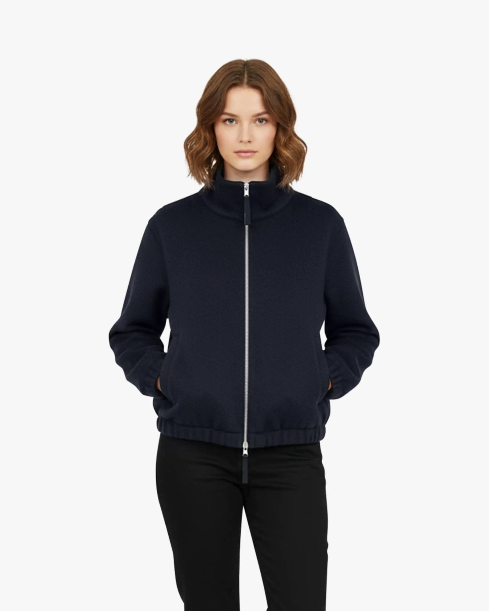 Dunkelblaue zweifädig gewalkte Cashmere - Kurzjacke von Lunaria - Knitwear LUNARIA