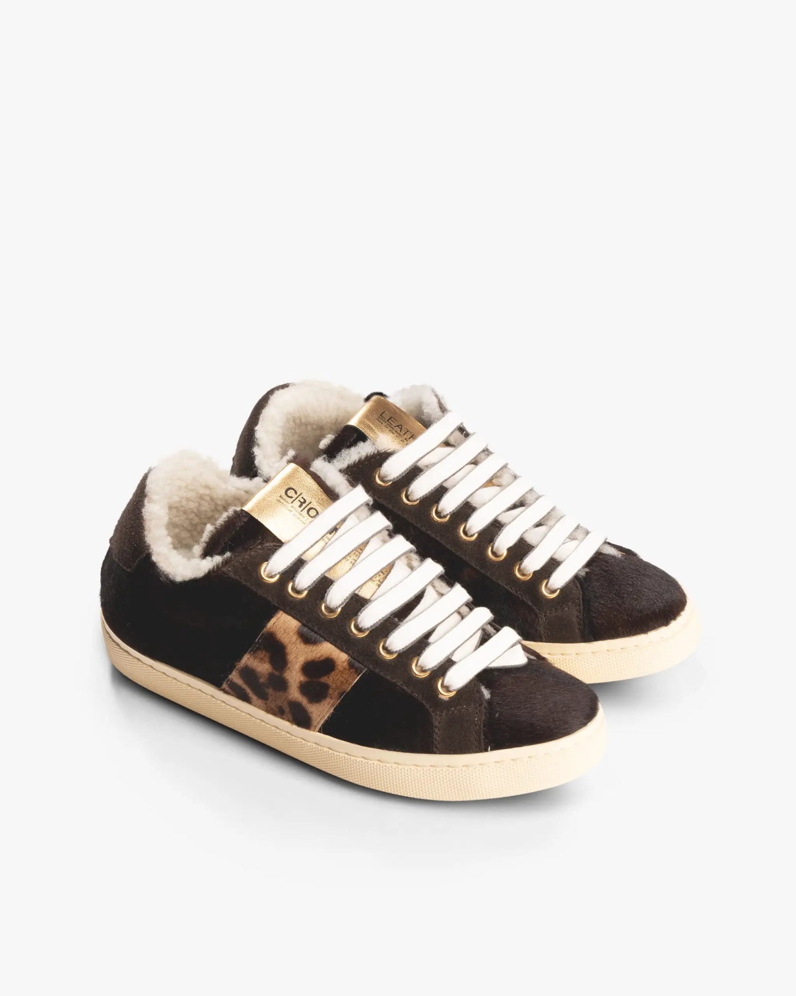 Dunkelbraune Sneaker aus Ponyfell mit Leopardenbesatz von Leather Crown - Shoes LEATHER CROWN