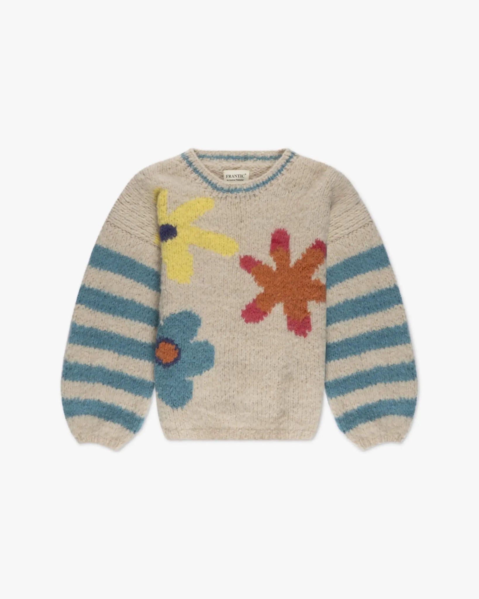 Ecrufarbener Blumen Jacquard Intarsien Rundhals Pullover von Frantic by Andrea Venturini - Knitwear FRANTIC
