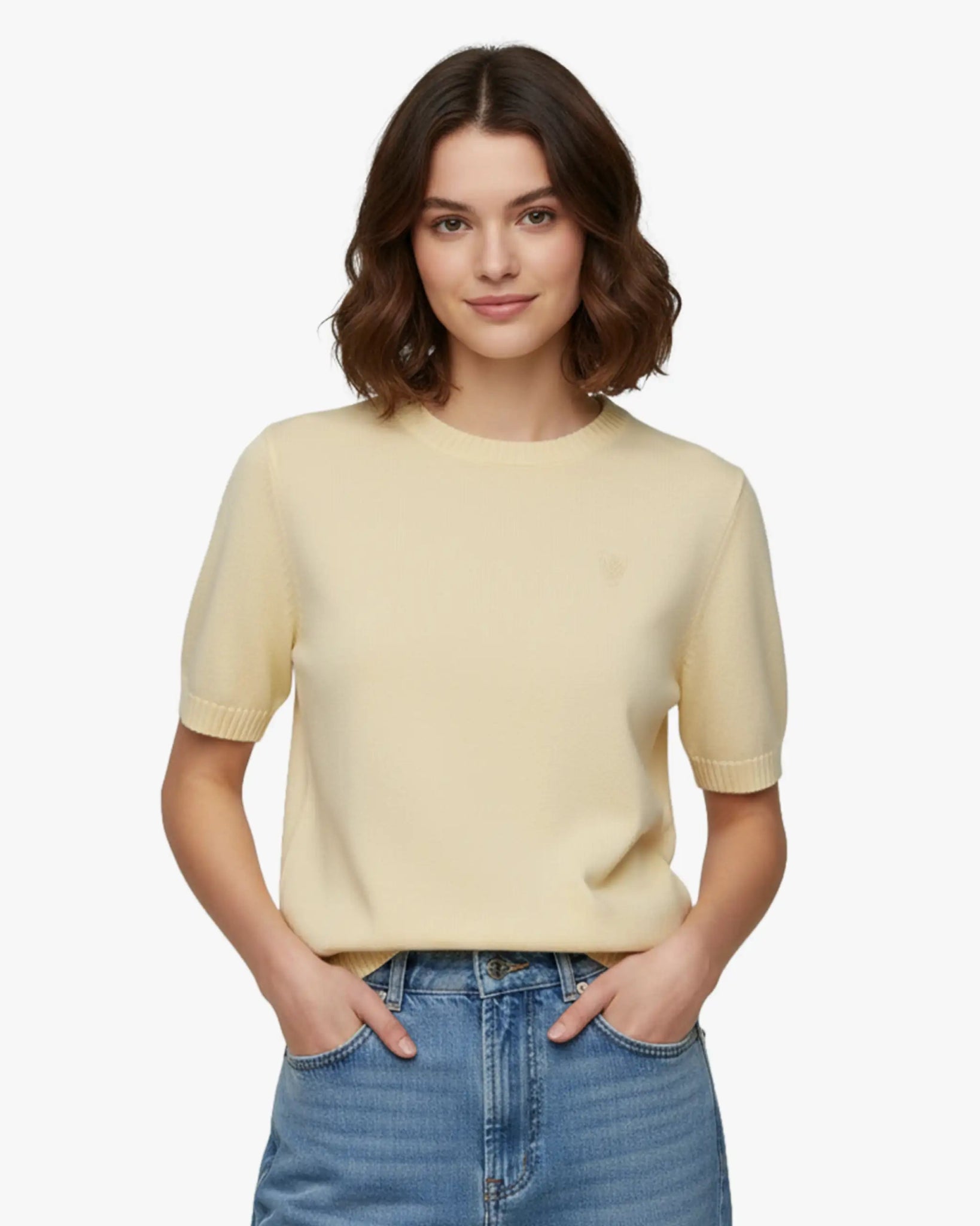 Gelber Cashmere - Pullover mit Rundhalsausschnitt und Kurzarm von Lunaria - Knitwear LUNARIA