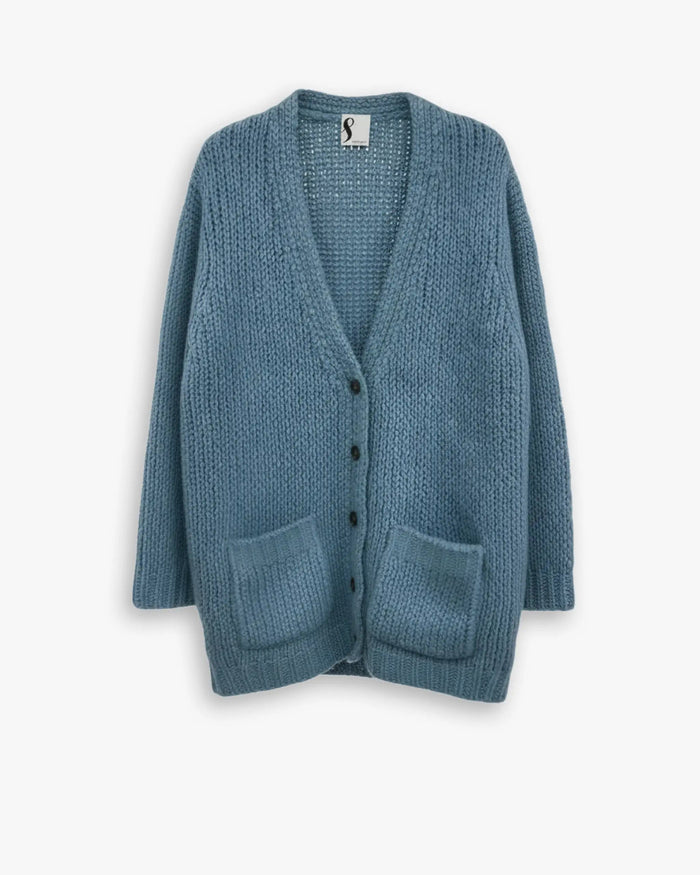 Hellblauer Kaschmir-Seide Grobstrick-Langcardigan mit Filzoptik von 8 Cashmere