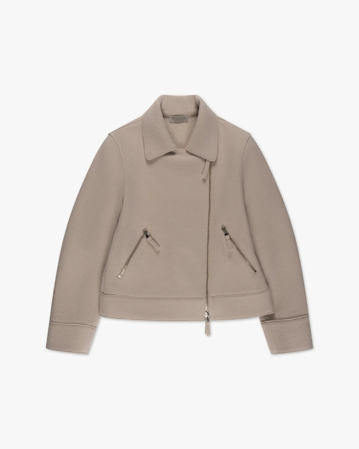 Jutefarbene 2 Fädig Gewalkte Cashmere Biker Jacke von Lunaria