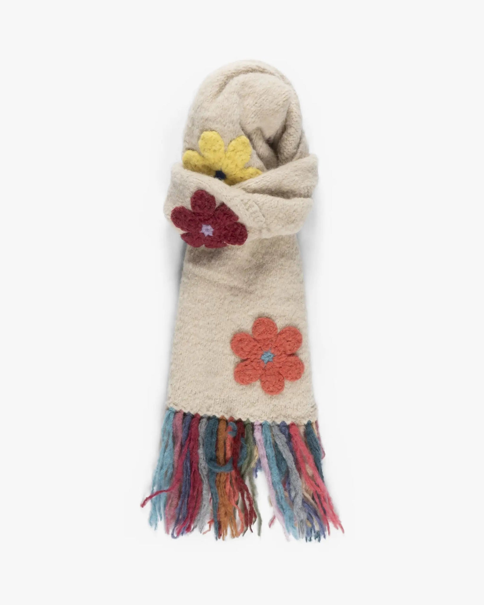 Marfilfarbener Grobstrick Schal mit Aufgesetzten Blumen von Frantic by Andrea Venturini - Knitwear FRANTIC