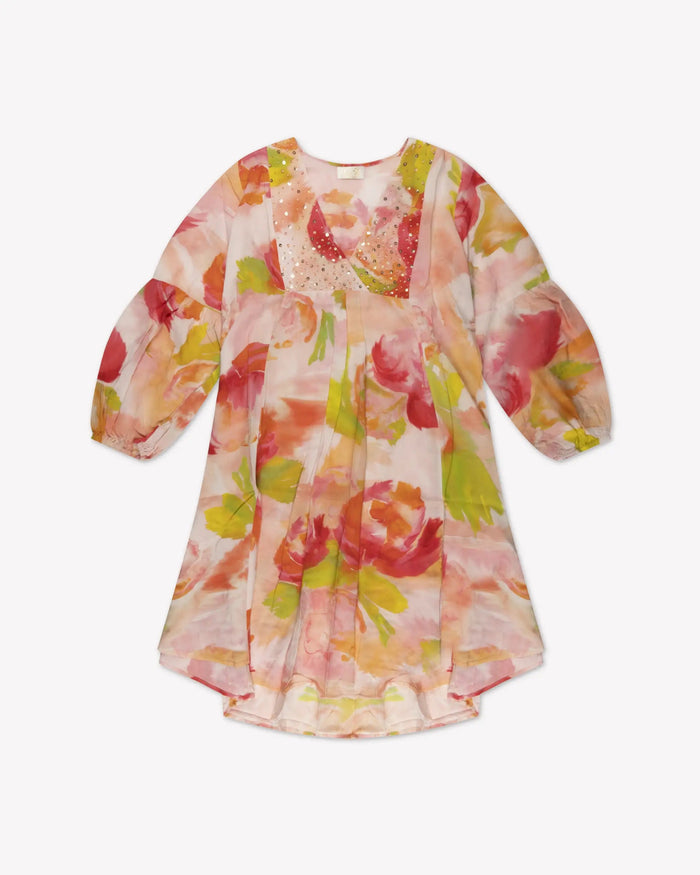 Mehrfarbiges Rosa Kurzes V-Kleid mit Blumenmuster von Salty Skin