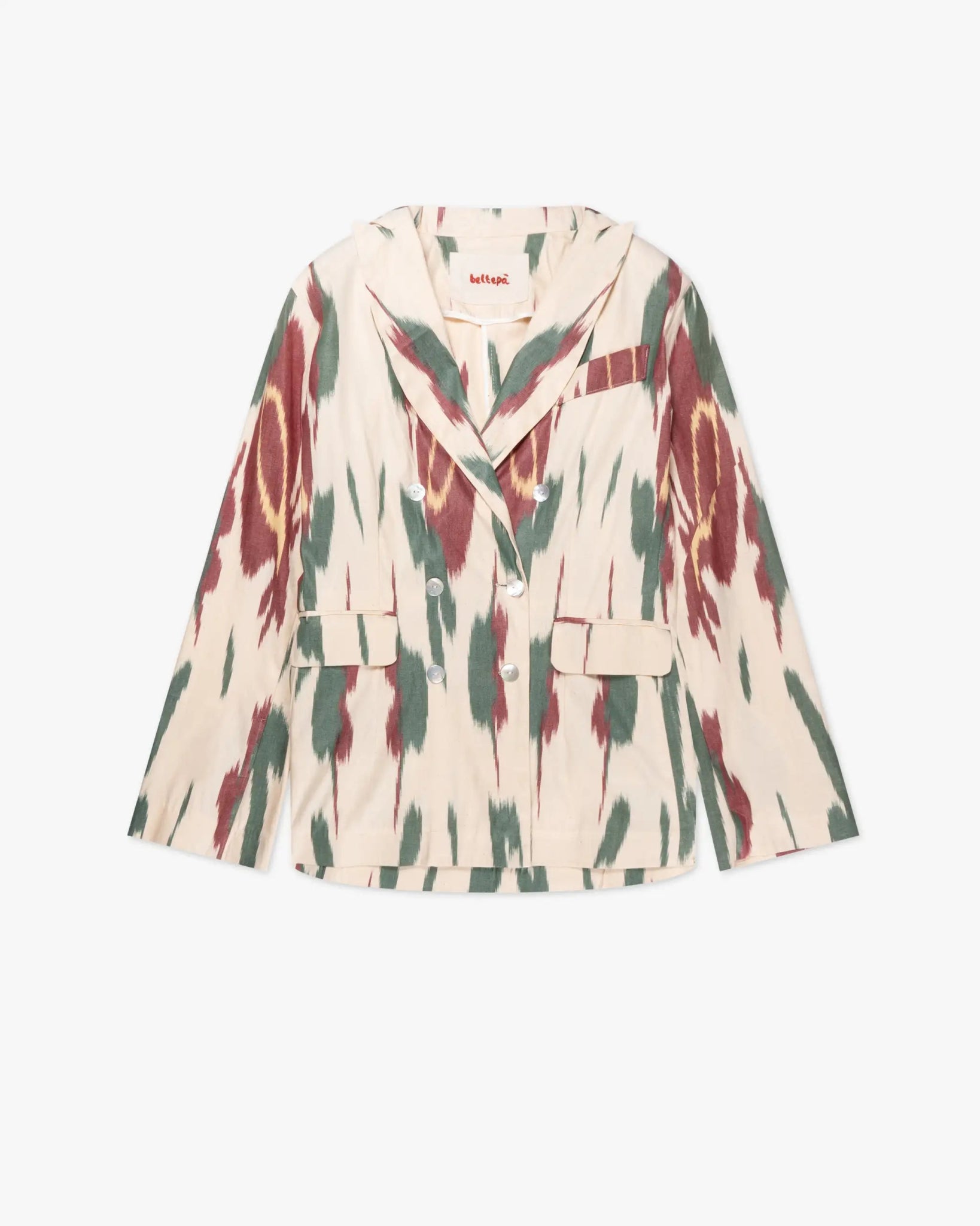 Weiß grüner doppelreihiger Baumwoll Ikat Anzug Blazer von Beltepa - Confection BELTEPA